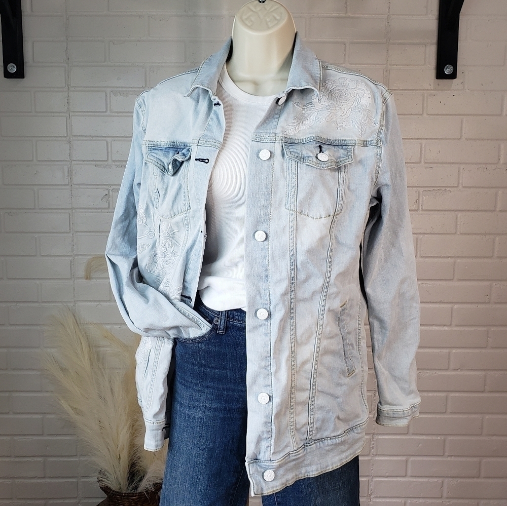 LulaRoe Embroidered Long Denim Jacket size Medium Relaxed fit Light Wash Blue